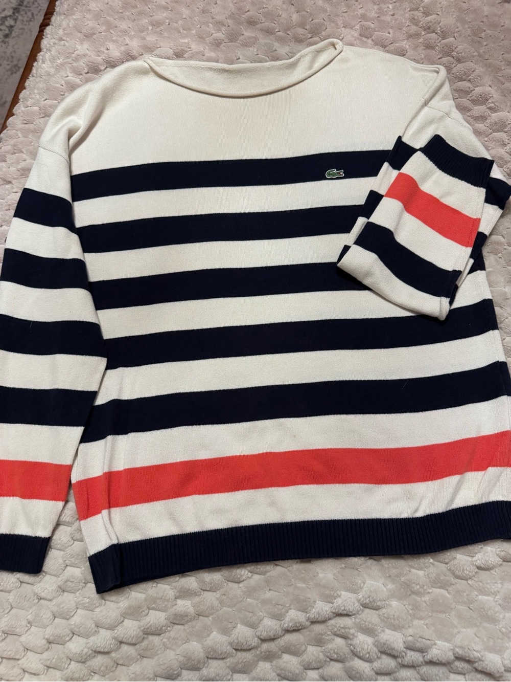 Lacoste Navy, White & Red/orange Striped Boatneck Sweater sz lg/xl - Picture 4 of 4
